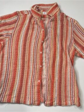 Zara Shirt Mens L Short Sleeve Button Up Knit Sweater Stripe 100% Cotton A030426